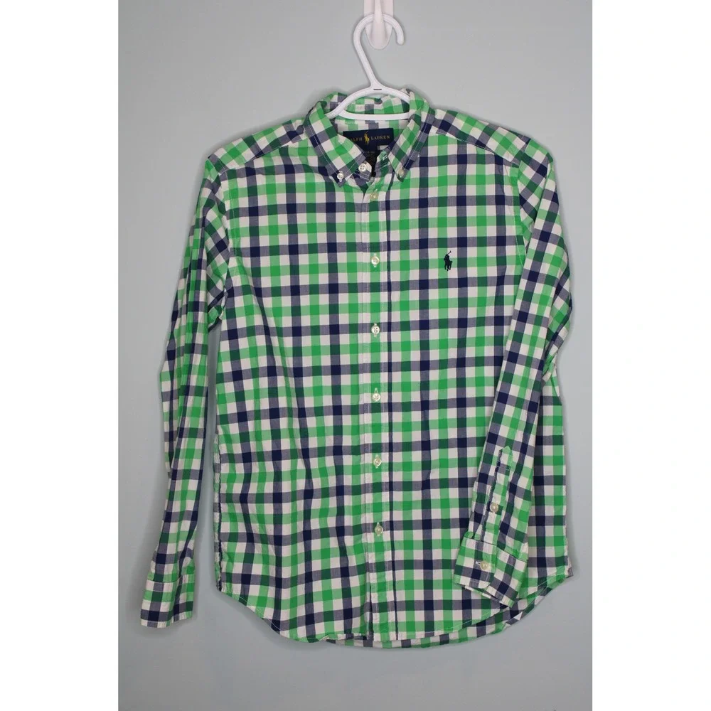Ralph Lauren Boys Gingham Button Down Shirt Green Navy Blue Size L 14-16 Cotton